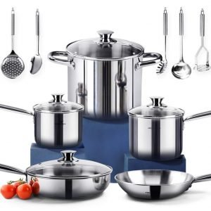 HOMI CHEF 14-Piece Nickel Free Stainless Steel Cookware Set
